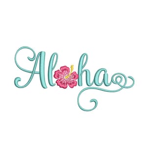 May include: Aloha with a pink hibiscus flower in a blue cursive font.