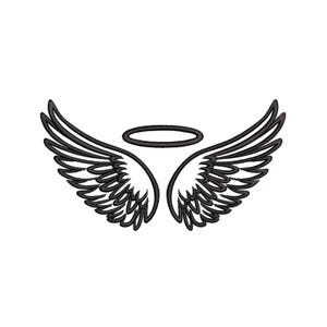 Könnte beinhalten: Schwarz-weiße Illustration von Engelsflügeln und einem Heiligenschein. Die Flügel sind detailliert mit einzelnen Federn, und der Heiligenschein ist ein einfacher, fester Kreis. Das Design ist vor einem schlichten weißen Hintergrund platziert.