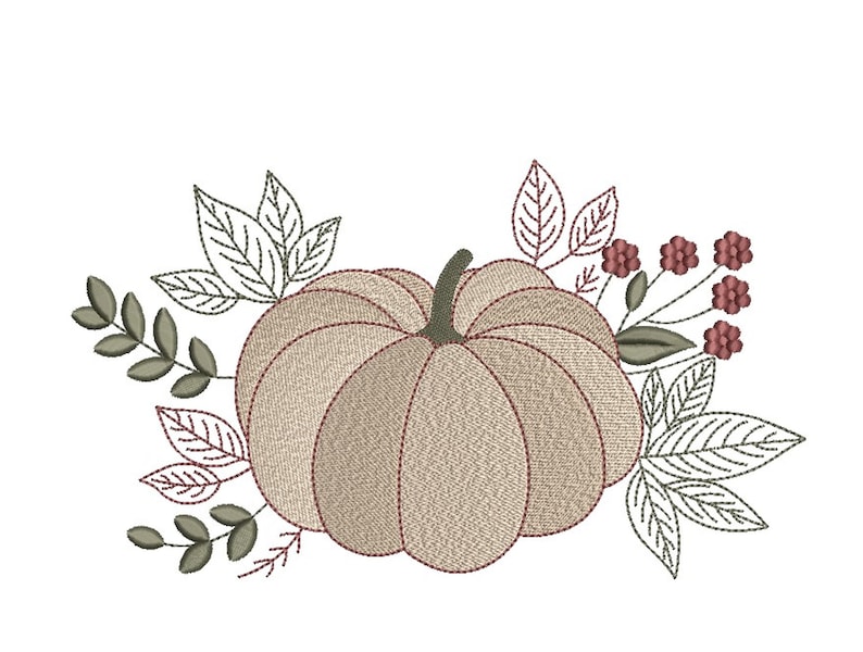 K&ouml;nnte beinhalten: Stickerei mit einer beigefarbenen K&uuml;rbis mit gr&uuml;nen Bl&auml;ttern und rosa Bl&uuml;ten. Das Design ist perfekt f&uuml;r Herbstbasteln und Dekorationen.