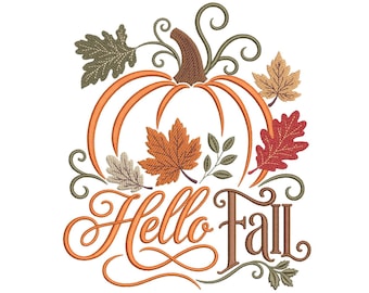 Hello Fall Machine Embroidery Design, Pumpkin Autumn Leaves Script, 4 Sizes, Digital Download