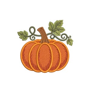 May include: An orange pumpkin embroidery design featuring a brown stem and green vine tendrils with three detailed leaves. The pumpkin has a ribbed texture created with orange thread, while the stem and leaves are rendered in brown and green.