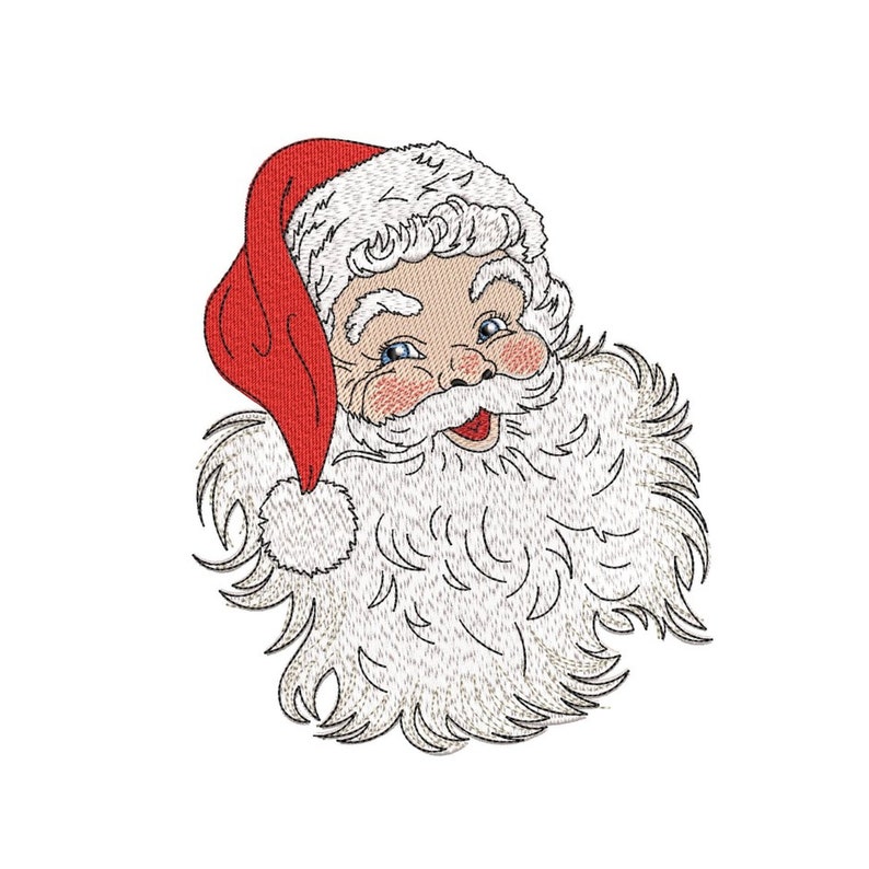 K&ouml;nnte beinhalten: Eine Illustration im Vintage-Stil von Santa Claus' Gesicht mit roter M&uuml;tze und wei&szlig;em Bart. Er l&auml;chelt mit geschlossenen Augen.