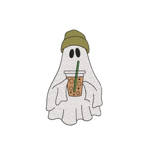 Ghost Drinking Iced Coffee Embroidery Design, Halloween Machine Embroidery Design, 3 sizes