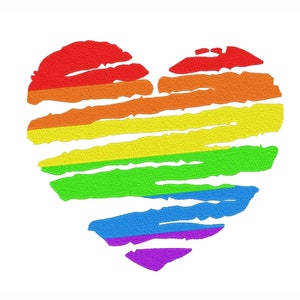 Könnte beinhalten: Ein herzförmiges Design in den Farben des Regenbogens, das die LGBTQ+-Community repräsentiert. Das Herz besteht aus horizontalen Pinselstrichen in Rot, Orange, Gelb, Grün, Blau und Lila auf weißem Hintergrund.