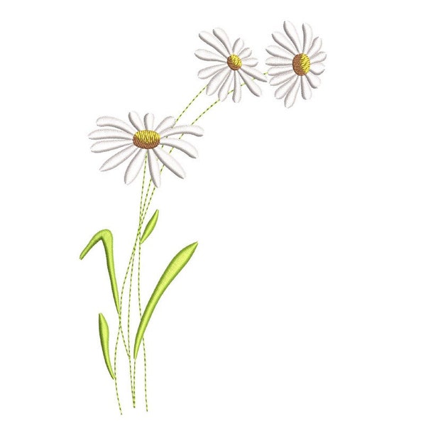 Daisies embroidery design, Plant machine embroidery file, 5 sizes, Instant download