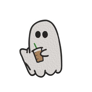 Ghost Drinking Iced Coffee Embroidery Design, Halloween Embroidery Design, 3 sizes