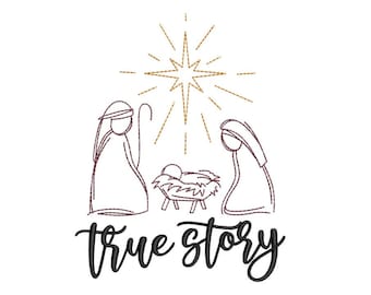 May include: A simple line drawing of the nativity scene with a star above the manger. The text "true story" is below the image.