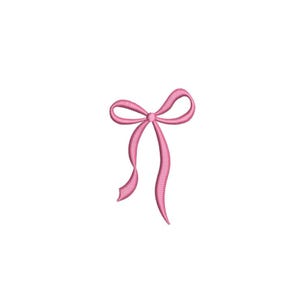 May include: A pink satin bow with long tails.