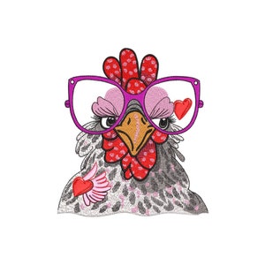 Chicken in glasses Embroidery Design, 3 sizes, Instant Download