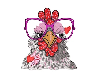 Chicken in glasses Embroidery Design, 3 sizes, Instant Download