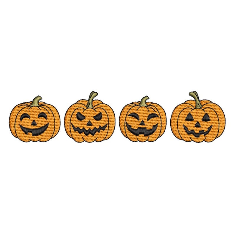 May include: Four orange jack-o'-lantern pumpkins with different facial expressions. The pumpkins are all the same size and shape, and they are arranged in a row.