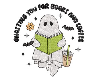 Ghosting You for Books and Coffee Embroidery Design, Ghost with Iced Coffee Embroidery Design, Halloween Embroidery Design, 3 sizes