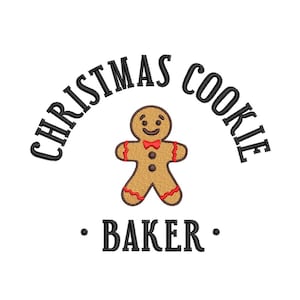 May include: A gingerbread man design with a red bow tie and red trim. The text "CHRISTMAS COOKIE" arches above the gingerbread man, and the word "BAKER" is below. All text and the gingerbread man are in black and brown.