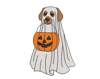 不気味な犬の幽霊の刺繍デザイン、ハロウィーンの機械刺繍デザイン、ハロウィーンの幽霊の子犬の足の刺繍デザイン、3 つのサイズ