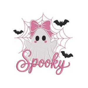 May include: An embroidery design featuring a white ghost with black eyes and pink cheeks, wearing a large pink bow. Behind the ghost is a pink spiderweb and three black bats. The word Spooky is written in pink cursive script below the ghost.