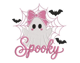 Spooky Ghost Girl Machine Embroidery Design, Pink Bow Halloween Bat, 5 Sizes, Digital Download