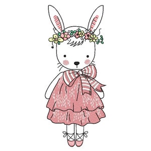 May include: A white bunny wearing a pink dress with a striped bow and a flower crown. The bunny is standing on its hind legs and has its ears up.