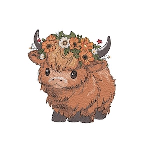 May include: A brown and white Highland cow with a flower crown. The crown is made of orange, yellow, and white flowers.