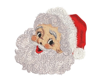 May include: Embroidered image of Santa Claus's face with a white beard and red hat. He is smiling with his eyes closed.