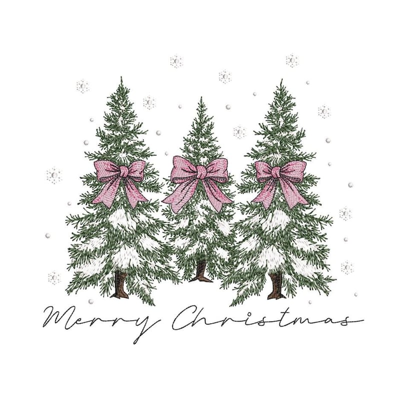 Puede incluir: Tres &aacute;rboles de Navidad cubiertos de nieve con lazos rosas y el texto "Feliz Navidad" en la parte inferior.