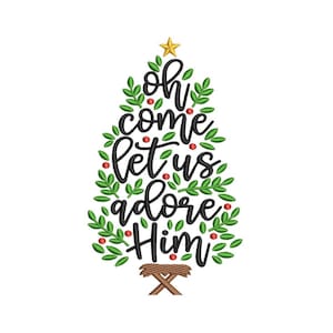 Oh kom, laten we hem aanbidden Geboortekerstboom met ster en kribbe Religieus borduurontwerp voor Janome Brother-borduurmachines