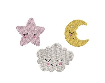 May include: A set of three embroidered patches featuring a pink star, a yellow crescent moon, and a white cloud. Each patch has a smiling face with closed eyes.
