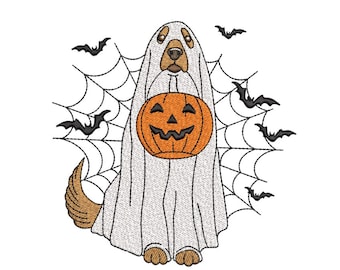 犬のゴースト刺繍デザイン、ハロウィーンゴースト子犬の足の機械刺繍デザイン、3サイズ