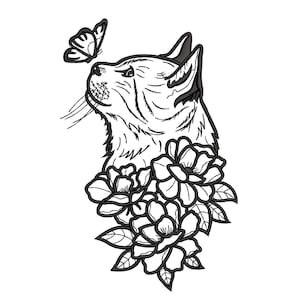 Floral cat embroidery design, 6 sizes, Instant download