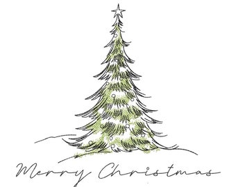 Pode incluir: Uma ilustração desenhada à mão de uma árvore de Natal verde com uma estrela no topo e enfeites brancos. O texto "Feliz Natal" está escrito abaixo da árvore.
