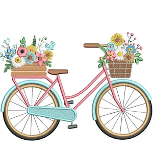 花の刺繍デザインが施された自転車、4サイズ、即時ダウンロード
