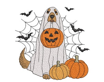 犬のゴースト刺繍デザイン、ハロウィーンゴースト子犬の足の機械刺繍デザイン、3サイズ