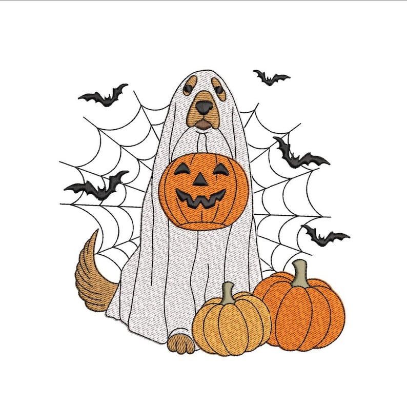 May include: A brown and white dog dressed as a ghost for Halloween, holding a jack-o'-lantern. There are bats and a spiderweb in the background, and two pumpkins in front of the dog.