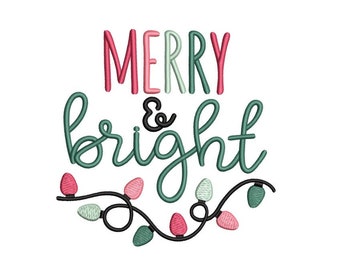 Christmas LIghts Embroidery Design, Merry and Bright Embroidery File, Machine Embroidery Design, 4 sizes