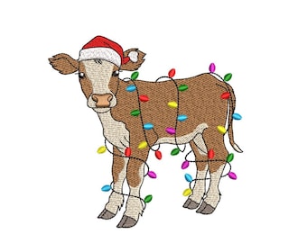 Christmas Cow embroidery design, Merry Christmas machine embroidery design, 4 sizes, Instant download