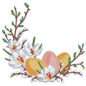 May include: Embroidered design featuring white flowers, green branches, and pastel-colored Easter eggs. This design is perfect for adding a touch of spring to your home decor.