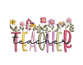 May include: The word "TEACHER" is spelled out in colorful letters with a row of flowers and leaves behind the letters.