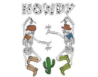 Diseño de bordado de Howdy de Halloween, diseño de bordado de esqueletos de baile, diseño de bordado de esqueletos de Halloween, 4 tamaños