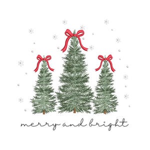 May include: Illustration of three green Christmas trees with red bows on top, set against a white background. The phrase "merry and bright" is written in a cursive font below the trees, with small snowflakes scattered around.