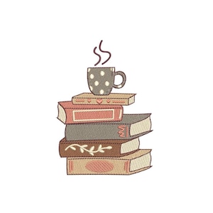 Books and Coffee Cup embroidery design, Just one more chapter machine embroidery file, 3 sizes, Instant download
