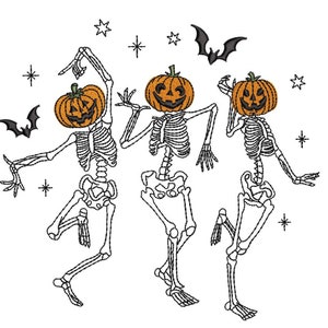 Dancing Skeletons Embroidery Design, Halloween Pumpkin Face Skeleton Embroidery Design, 4 sizes