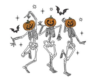 Dancing Skeletons Embroidery Design, Halloween Pumpkin Face Skeleton Embroidery Design, 4 sizes