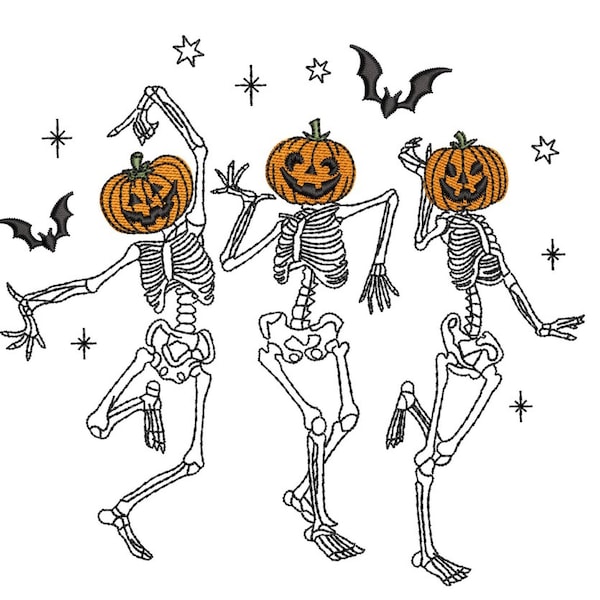 Dancing Skeletons Embroidery Design, Halloween Pumpkin Face Skeleton Embroidery Design, 4 sizes
