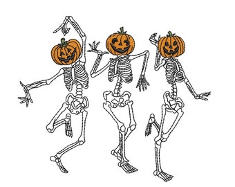 Diseño de bordado de esqueletos bailando, diseño de bordado de esqueleto de Halloween, 4 tamaños