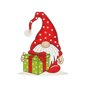 May include: A Christmas gnome illustration. The gnome wears a red hat with white polka dots and a white beard. It holds a green gift box with a red bow and red stripes. The gnome has a tan nose and is wearing red shoes.