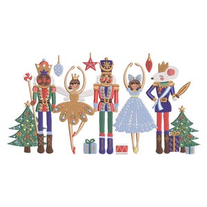 May include: An embroidered design featuring a nutcracker, a ballerina, a mouse king, and two Christmas trees. The nutcracker is wearing a blue and red uniform, the ballerina is wearing a gold dress, the mouse king is wearing a blue and red uniform, and the Christmas trees are decorated with baubles.
