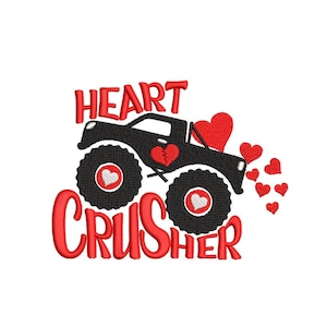 May include: Red and black embroidery design of a monster truck with the text "HEART CRUSHER" and hearts around the truck.