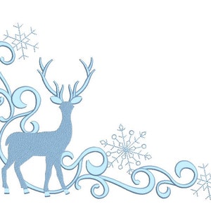 May include: A light blue embroidered design featuring a deer silhouette with large antlers, surrounded by swirling lines and snowflakes. The design is set against a white background, creating a winter or holiday theme.