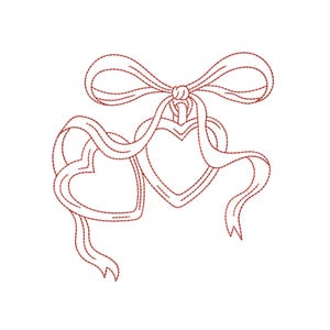 May include: A red embroidered design featuring two heart-shaped pendants with a ribbon and bow. The hearts are outlined with a stitched border, and the ribbon flows gracefully. The design is on a white background.