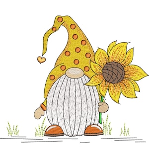 Sunflower Gnome Embroidery Design, 5 sizes, Instant Download