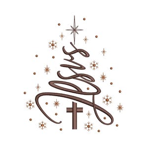 May include: A brown embroidered design of a Christmas tree with the word "Jesus" in a cursive font. The tree is adorned with a cross at the base, a star at the top, and snowflake and dot accents. The design is on a white background.